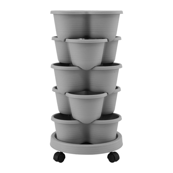 Green Fingers 5 Tier Vertical Garden Planter, Stackable Planters with 4 Wheels, Grey, Raised Garden Bed, Garden Tower Indoor Outdoor, Auto Drainage System, for Strawberries, Herbs, Flower, Vegetables - RnR Galore
