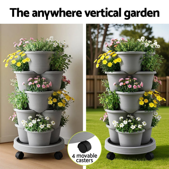 Green Fingers 5 Tier Vertical Garden Planter, Stackable Planters with 4 Wheels, Grey, Raised Garden Bed, Garden Tower Indoor Outdoor, Auto Drainage System, for Strawberries, Herbs, Flower, Vegetables - RnR Galore