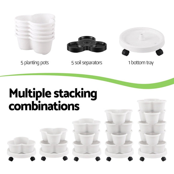 Green Fingers 5 Tier Vertical Garden Planter, Stackable Planters with Wheels, White, Garden Bed, Garden Tower Indoor Outdoor, Auto Drainage System, for Strawberries, Herbs, Flowers, Vegetables - RnR Galore