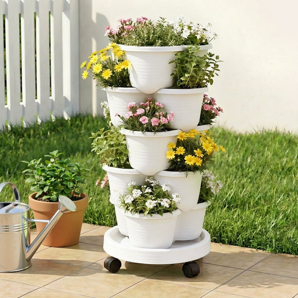 Green Fingers 5 Tier Vertical Garden Planter, Stackable Planters with Wheels, White, Garden Bed, Garden Tower Indoor Outdoor, Auto Drainage System, for Strawberries, Herbs, Flowers, Vegetables - RnR Galore