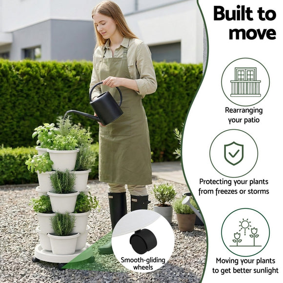 Green Fingers 5 Tier Vertical Garden Planter, Stackable Planters with Wheels, White, Garden Bed, Garden Tower Indoor Outdoor, Auto Drainage System, for Strawberries, Herbs, Flowers, Vegetables - RnR Galore