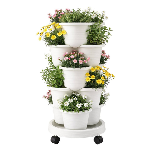 Green Fingers 5 Tier Vertical Garden Planter, Stackable Planters with Wheels, White, Garden Bed, Garden Tower Indoor Outdoor, Auto Drainage System, for Strawberries, Herbs, Flowers, Vegetables - RnR Galore