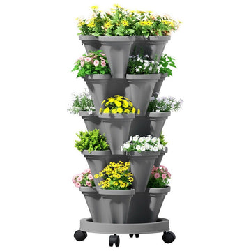 Green Fingers Raised Garden Bed 5 Tier Vertical Garden Grey Strawberry Stackable Planters Herbs Petunias - RnR Galore