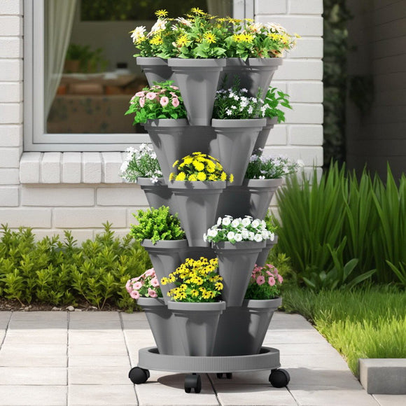 Green Fingers Raised Garden Bed 5 Tier Vertical Garden Grey Strawberry Stackable Planters Herbs Petunias - RnR Galore