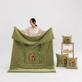 Green Kapybara - 2 - in - 1 Foldable Car Pillow Blanket - Cozy 40x40cm Pillow, Unfolds to 100x150cm Blanket for Travel and Office Naps - RnR Galore