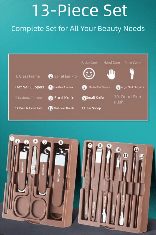 Green Premium 13 - in - 1 Manicure & Grooming Kit - Professional Carbon Steel Pedicure Set with Dual - Drawer Case & Mirror - RnR Galore