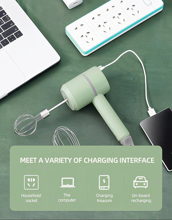 Green Wireless charging handheld mixer, 30W with three - speed settings. Dual whisk heads designed for whipping eggs, cream, and batter. Suitable for both kitchen and outdoor use, also an ideal gift. - RnR Galore