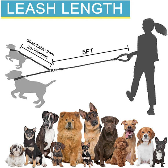 Grey 3 - in - 1 Tangle - Free Dog Leash for 1 - 3 Dogs - Heavy Duty Bungee Coupler with Reflective Stitching & Padded Handle - RnR Galore