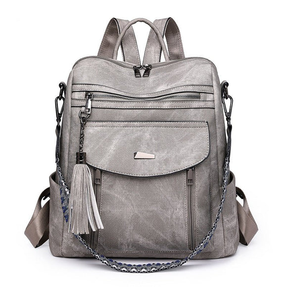 Grey Chic Women's PU Leather Convertible Backpack - Anti - Theft Design, Multi - Pocket Shoulder Bag with Tassel - RnR Galore