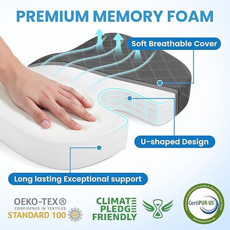 Grey Ergonomic Memory Foam U - Shaped Seat Cushion - Breathable Orthopedic Pressure Relief Pillow with ZIpper Cover & Handle (45 x 36 CM) - RnR Galore