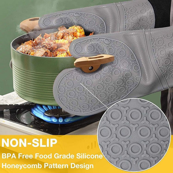 Grey Set BPA - Free Non - Slip Silicone Oven Mitts - Heat Resistant Gloves with Honeycomb Pattern for Kitchen Safety - RnR Galore
