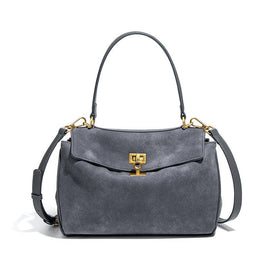 Grey Women's Vintage Suede Satchel Bag - Elegant Top Handle Purse with Gold Lock - RnR Galore