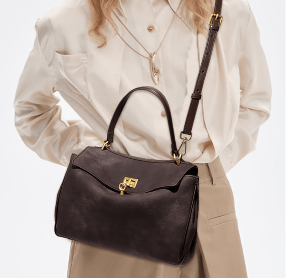 Grey Women's Vintage Suede Satchel Bag - Elegant Top Handle Purse with Gold Lock - RnR Galore