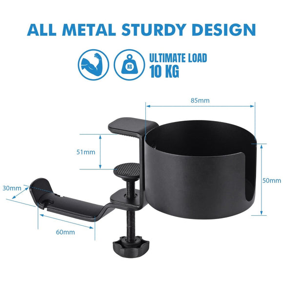 Heavy - Duty All - Metal Desk Clamp with 360 - Degree Swivel Headphone Hanger & Cup Holder(black) - RnR Galore