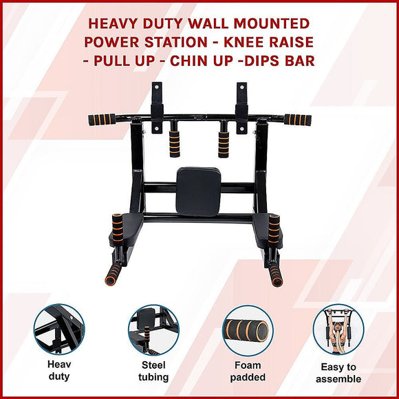 Heavy Duty Wall Mounted Power Station Pull Up Dip Knee Raise Bar - RnR Galore