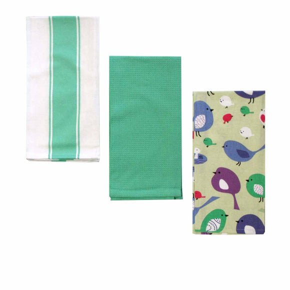 Home Oasis Set of 3 Printed Cotton Rich Tea Towels 50 x 70 cm Birdie Mint - RnR Galore