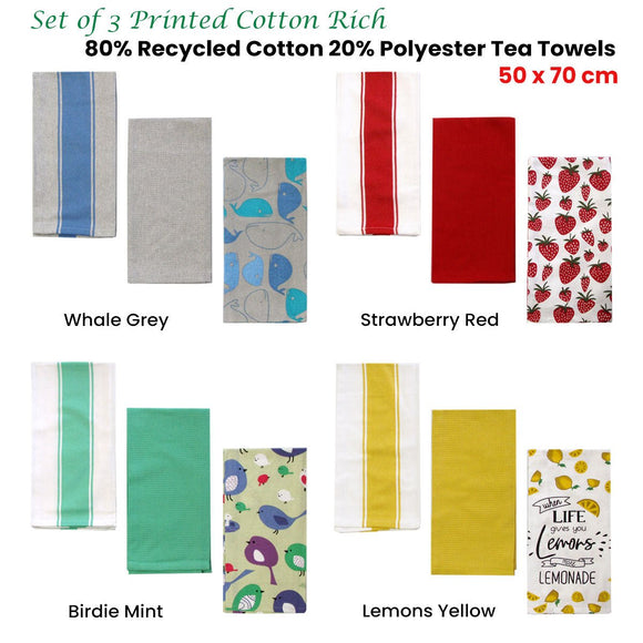 Home Oasis Set of 3 Printed Cotton Rich Tea Towels 50 x 70 cm Birdie Mint - RnR Galore