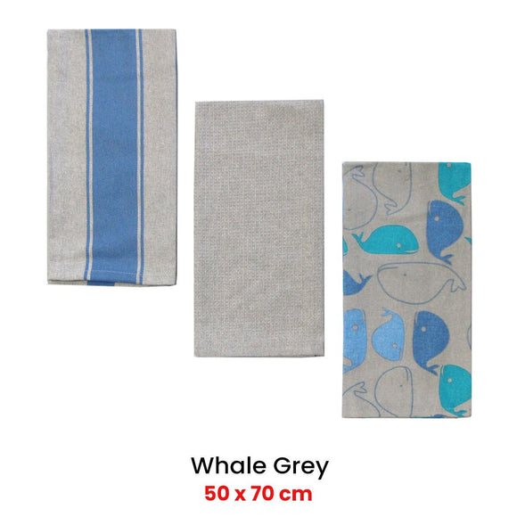 Home Oasis Set of 3 Printed Cotton Rich Tea Towels 50 x 70 cm Whale Grey - RnR Galore