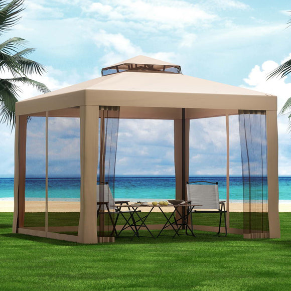 Instahut Gazebo Marquee 3m Outdoor Event Tent Camping Party Mesh Wall Canopy Brown - RnR Galore