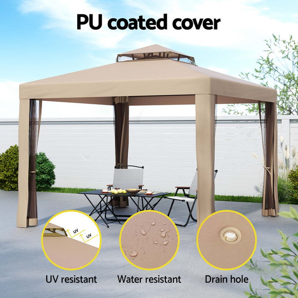 Instahut Gazebo Marquee 3m Outdoor Event Tent Camping Party Mesh Wall Canopy Brown - RnR Galore