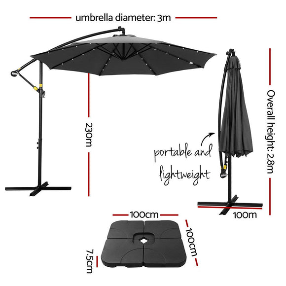 Instahut Outdoor Umbrella 3M Cantilever Beach LED Base Garden Sun Patio Charcoal - RnR Galore