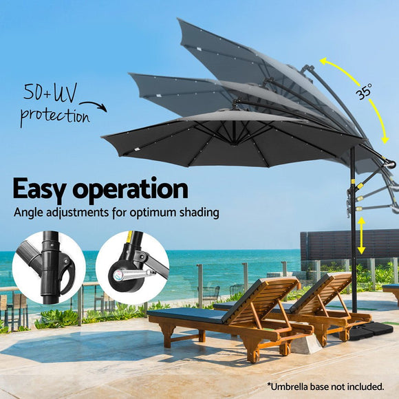 Instahut Outdoor Umbrella 3M Cantilever Beach LED Base Garden Sun Patio Charcoal - RnR Galore
