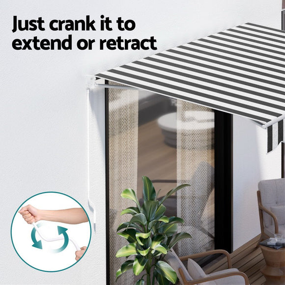 Instahut Retractable Folding Arm Awning Manual Sunshade 3Mx2.5M Grey White - RnR Galore