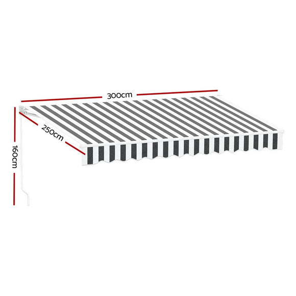 Instahut Retractable Folding Arm Awning Manual Sunshade 3Mx2.5M Grey White - RnR Galore