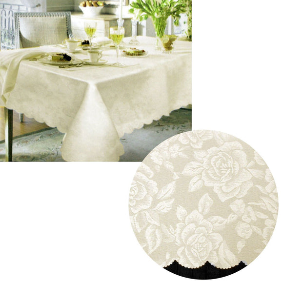 Jacquard Damask Design with Scalloped Edging Table Cloth Cream 140 x 180 cm - RnR Galore