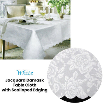 Jacquard Damask Design with Scalloped Edging Table Cloth White 150 x 220 cm - RnR Galore