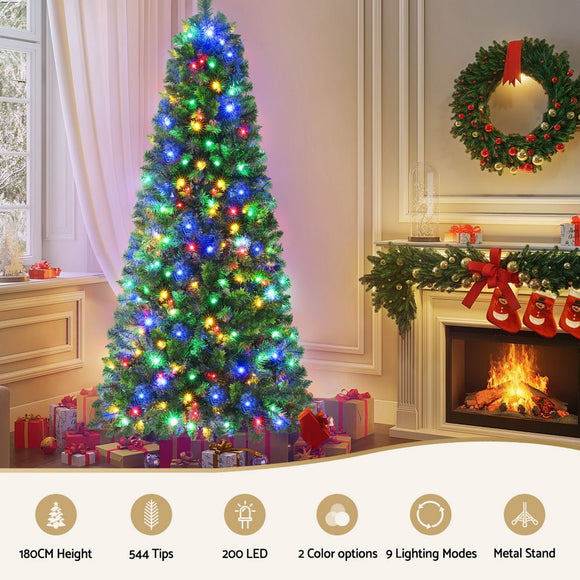 Jingle Jollys 1.8M Pre - lit Christmas Tree 8 Mode Multi Colour 200 LED Light Xmas - RnR Galore