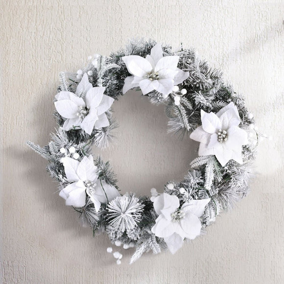 Jingle Jollys 60cm Christmas Wreath LED Lights Snowy Flowers Garland Party Decor - RnR Galore