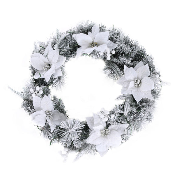 Jingle Jollys 60cm Christmas Wreath LED Lights Snowy Flowers Garland Party Decor - RnR Galore