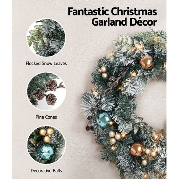 Jingle Jollys 60cm Christmas Wreath with LED Lights Snowy Garland Xmas Decor - RnR Galore