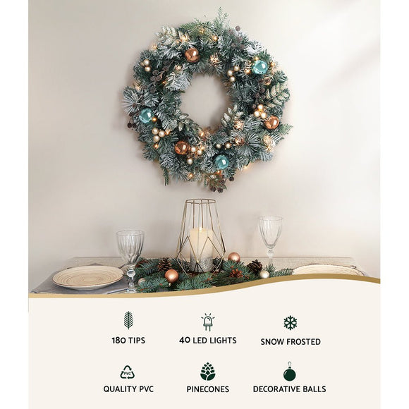 Jingle Jollys 60cm Christmas Wreath with LED Lights Snowy Garland Xmas Decor - RnR Galore