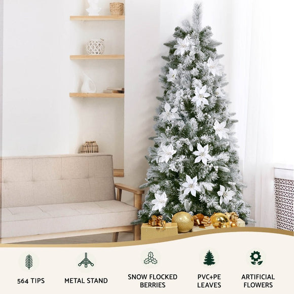 Jingle Jollys Christmas Tree 1.8m Xmas Tree Snow Flocked Flowers Decor 564 Tips - RnR Galore