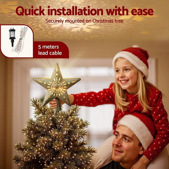 Jingle Jollys Christmas Tree Topper Star Snowflake Projector Party Glitter Gold - RnR Galore