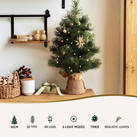 Jingle Jollys Tabletop Christmas Tree 60CM 8 Light Modes Timer Function - RnR Galore