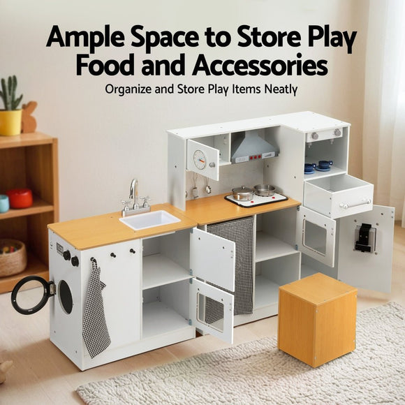 Keezi Kids Kitchen Playset 2 - Piece Wooden Pretend Play Coffee Maker Toy 80CM White - RnR Galore