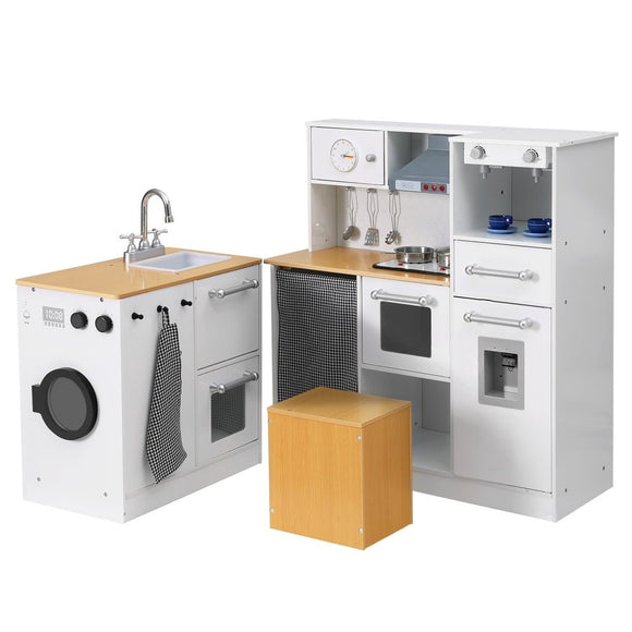 Keezi Kids Kitchen Playset 2 - Piece Wooden Pretend Play Coffee Maker Toy 80CM White - RnR Galore