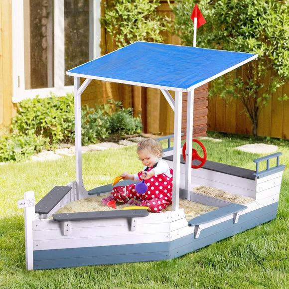 Keezi Kids Sandpit Wooden Box Boat Canopy Flag Outdoor Toys Children Blue - RnR Galore