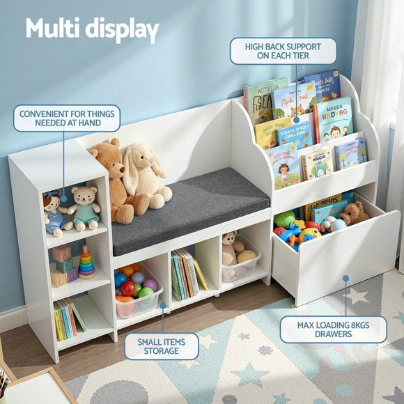 Keezi Kids Storage Unit Bookshelf Toy Box Organiser Bench Seat Cabinet 170cm White - RnR Galore