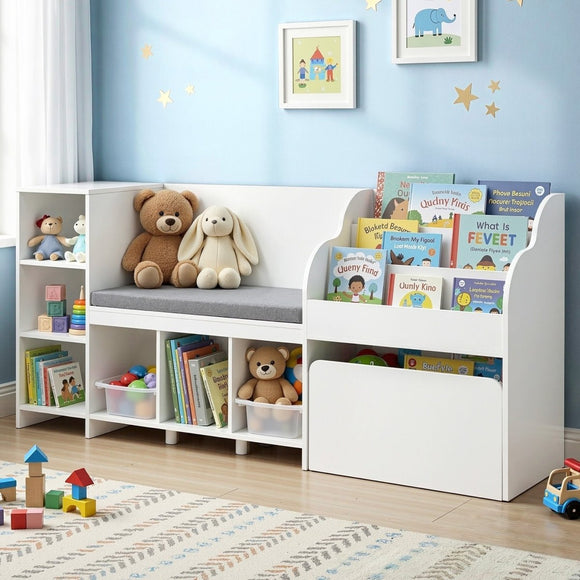Keezi Kids Storage Unit Bookshelf Toy Box Organiser Bench Seat Cabinet 170cm White - RnR Galore