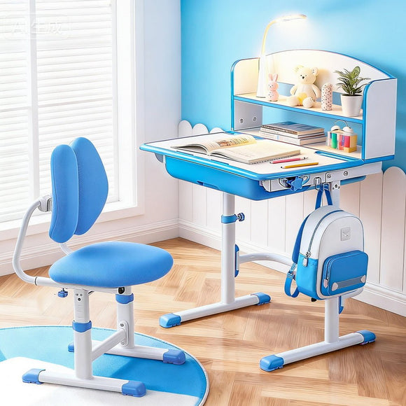 Keezi Kids Study Desk Chair Set Adjustable Ergonomic Table LED Lamp Blue - RnR Galore