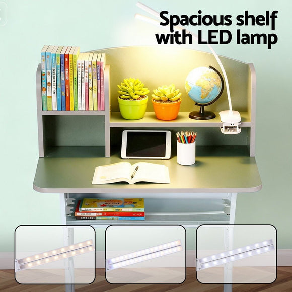 Keezi Kids Study Desk Chair Set Adjustable Ergonomic Table LED Lamp Green - RnR Galore