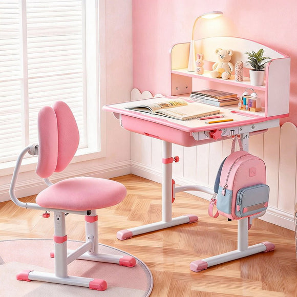 Keezi Kids Study Desk Chair Set Adjustable Ergonomic Table LED Lamp Pink - RnR Galore