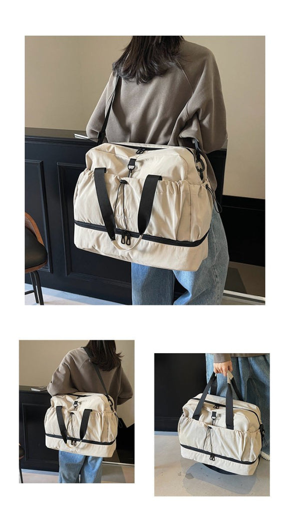 khaki and Black Large Capacity Travel Bag with Wet/Dry Separation - Canvas + Polyester, Lightweight Handbag for Short Trips and Fitness, Fits on Luggage - RnR Galore