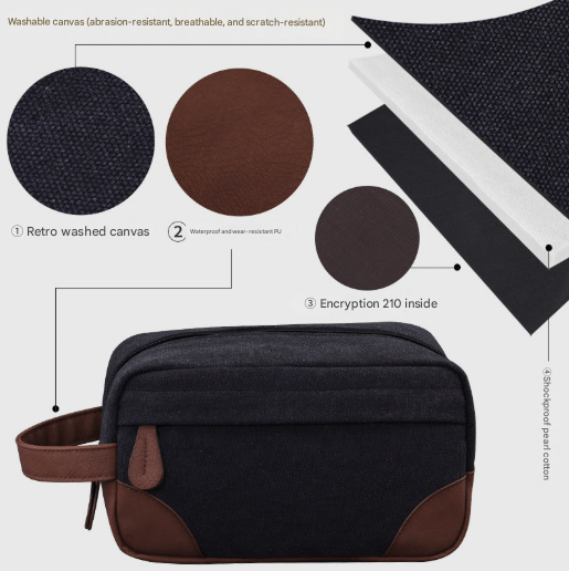 Khaki Men's Vintage Canvas Toiletry Bag PU Leather Accent Travel Wash Pouch Large Capacity Shaving Kit Organiser - RnR Galore