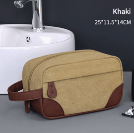 Khaki Men's Vintage Canvas Toiletry Bag PU Leather Accent Travel Wash Pouch Large Capacity Shaving Kit Organiser - RnR Galore