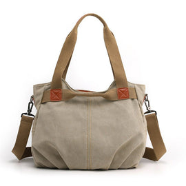Khaki Women's Retro Canvas Tote Bag Large Capacity Shoulder Handbag Adjustable Crossbody Strap 35cm for Travel Work & Daily Use - RnR Galore